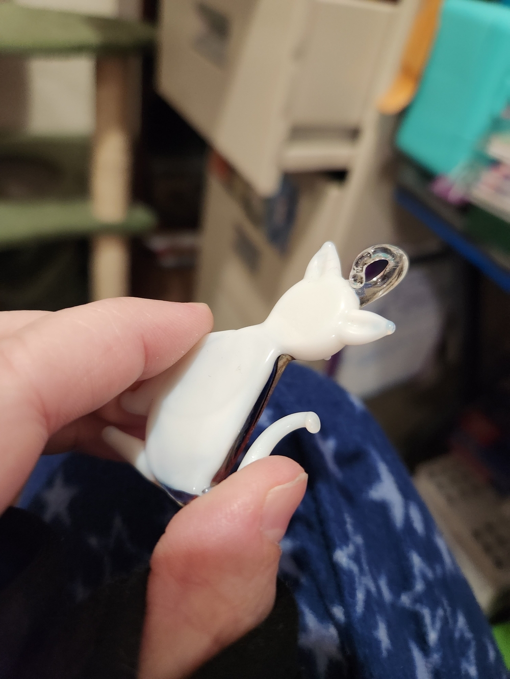 Handmade White Glass Cat Pendant with Multicolor Swirl - Picture 2 of 2